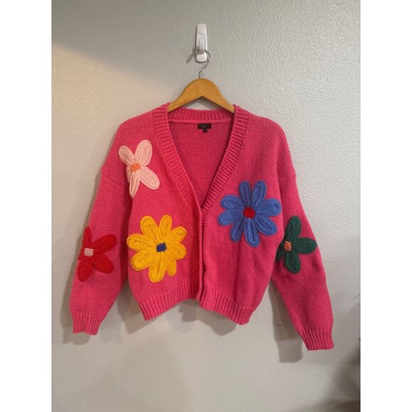debut Sweaters - Colorful Knit Cardigan With Flower Appliques By Debut M/L Bright Pink Spring